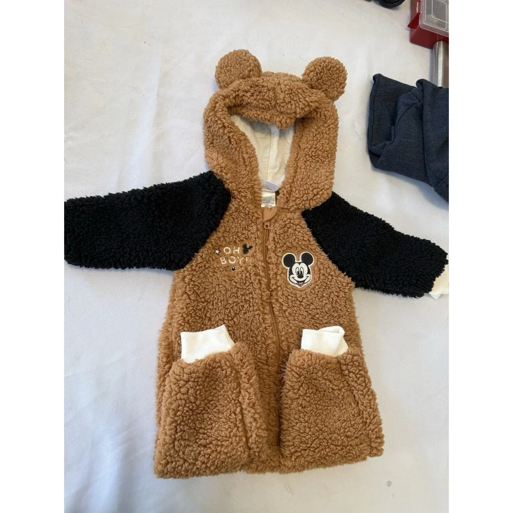 Disney Baby Mickey Mouse Brown Fleece Hooded Snowsuit‎ 6-9 Months Full Zip